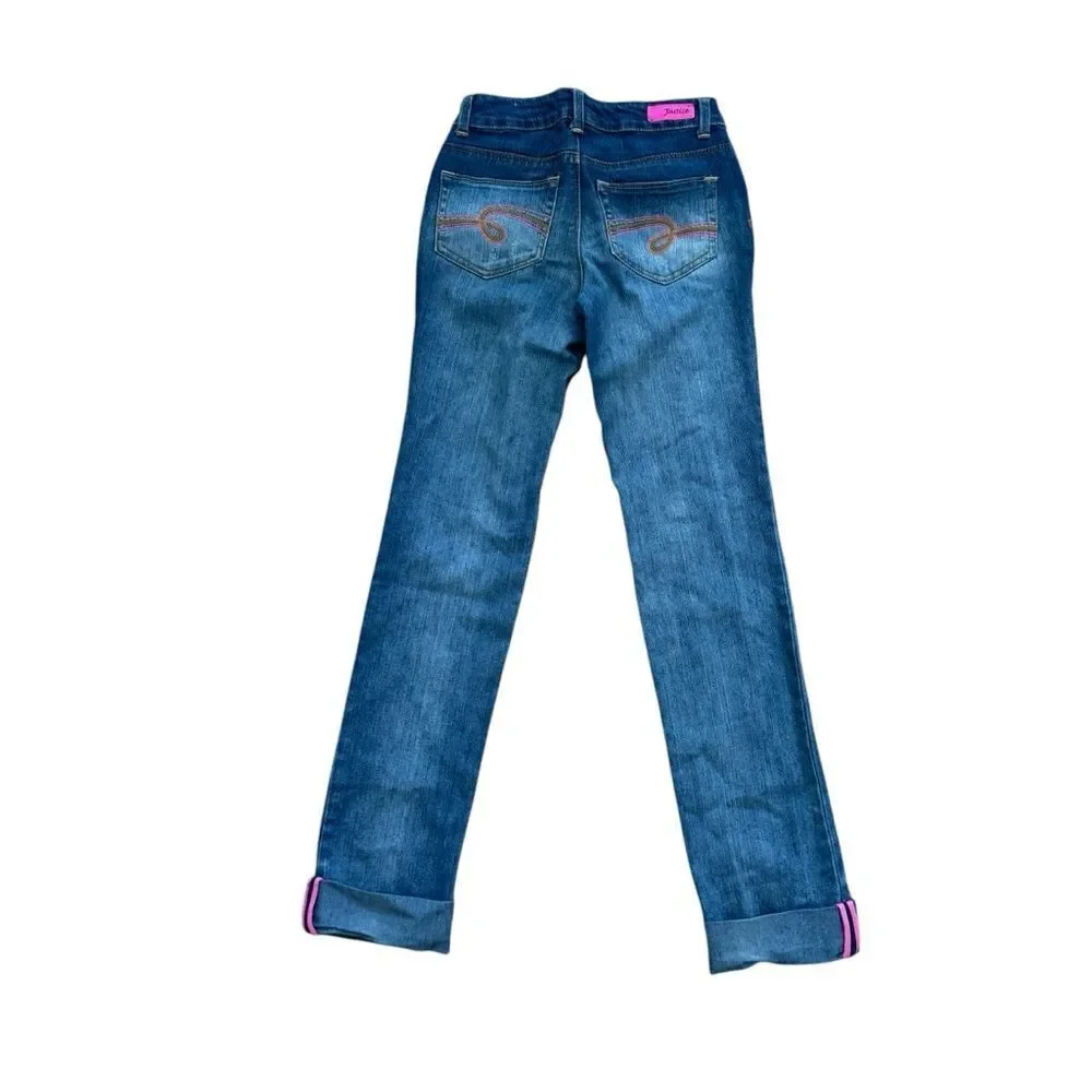 Y2K Justice Blue Denim Jeans Straight Rolled Up Cuff Faded Distressed 12S